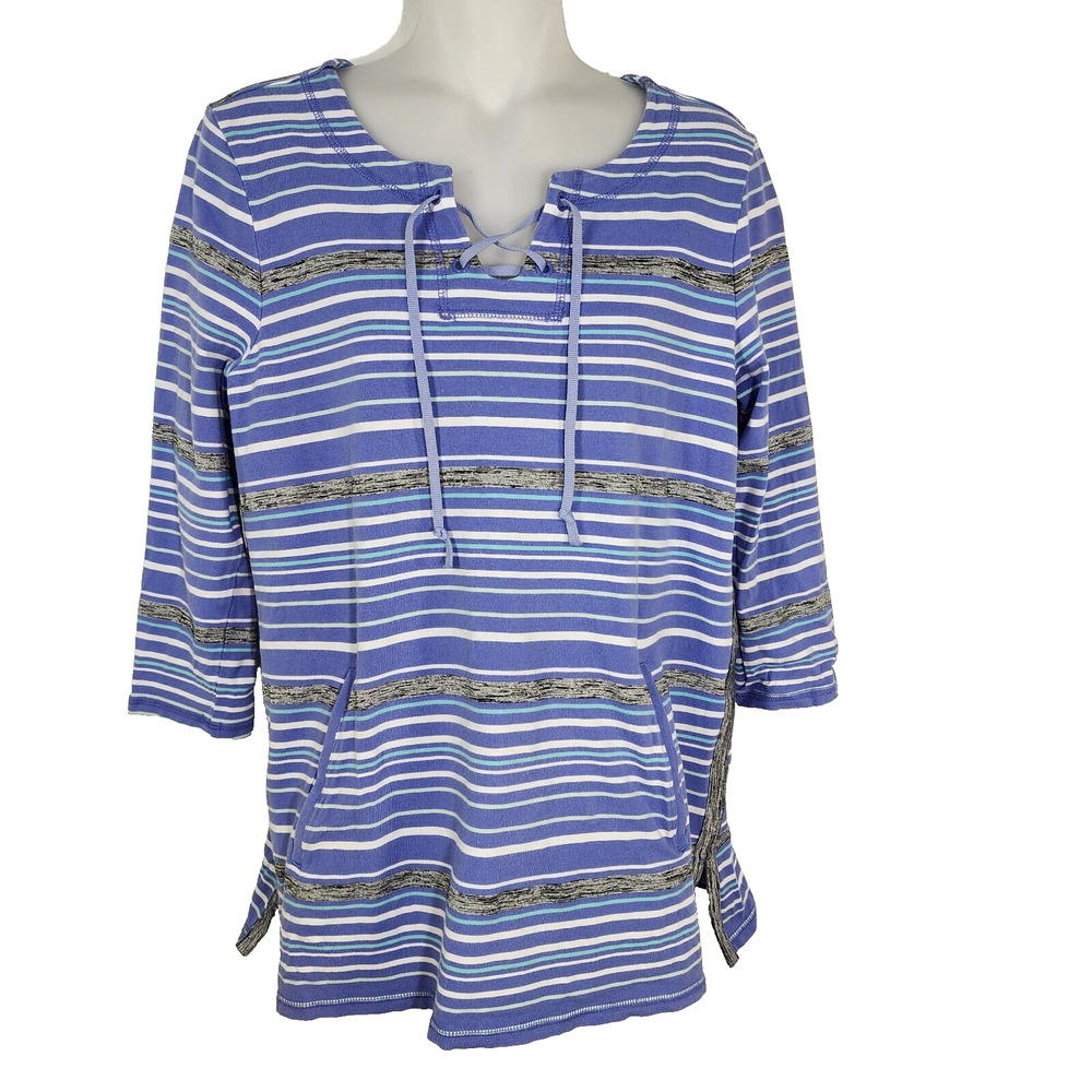 T By Talbots Top Small Womens Preppy Stripe Laceup Pullover 3/4 Sleeve Pocket